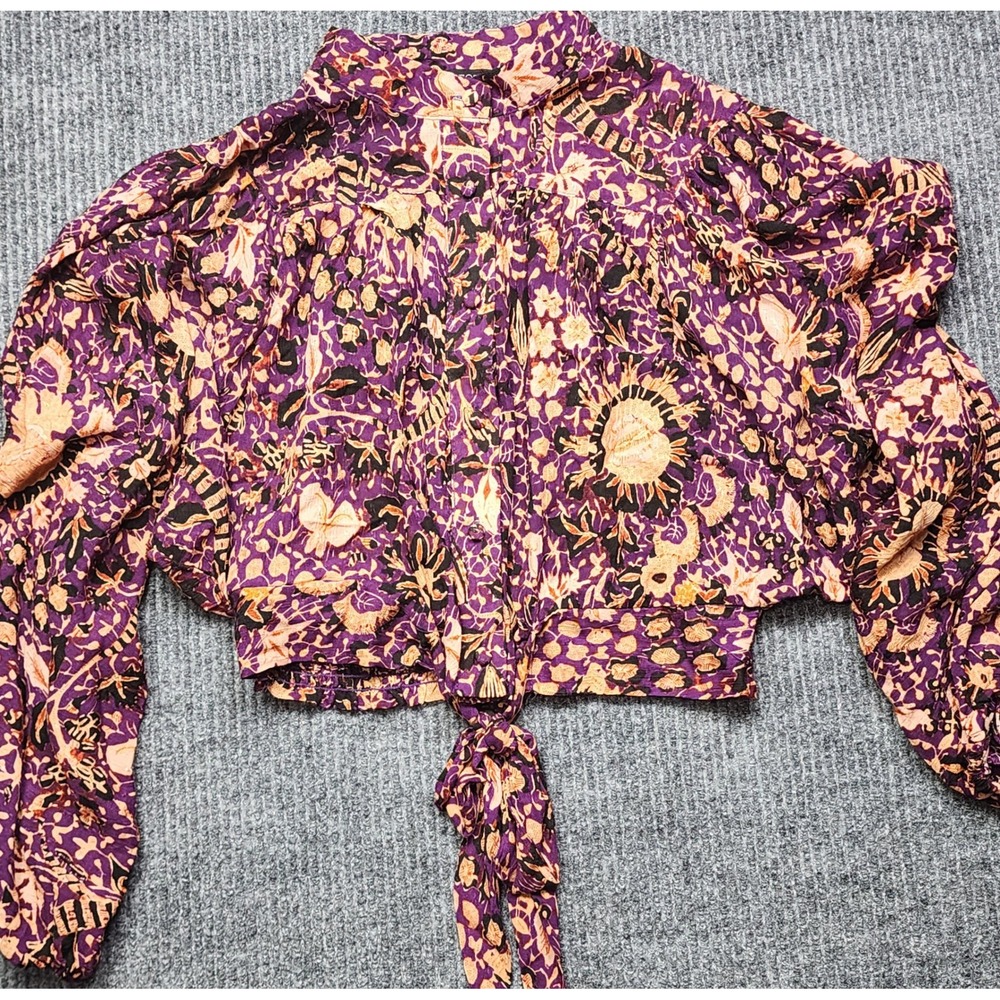 Rachel Zoe Purple Floral Tie Front Crop Top Long Sleeve Blouse Size M